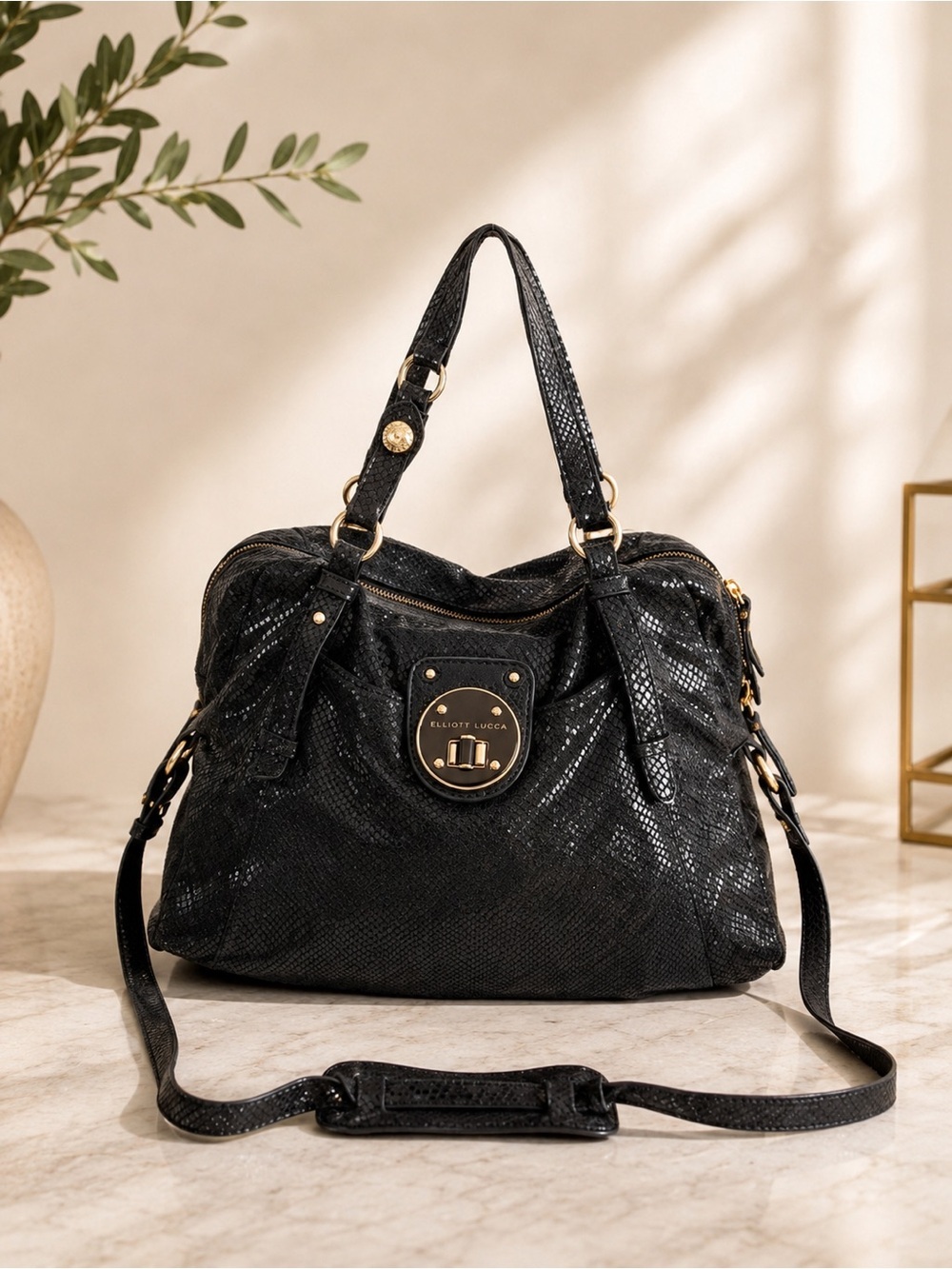 Elliott Lucca Black Snakeskin Embossed Leather Satchel Crossbody Shoulder Bag